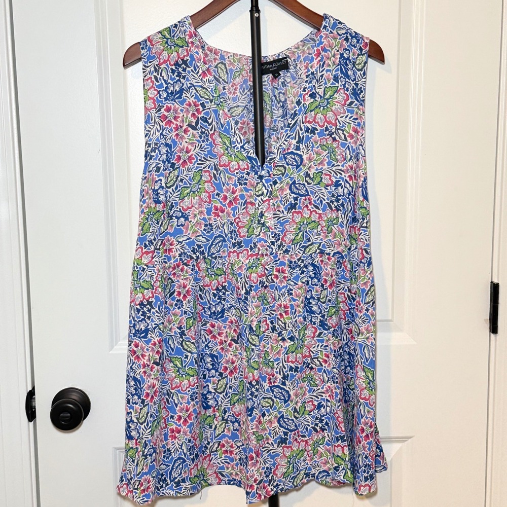 Cynthia Rowley Woman Blue Floral Paisley Tiered Sleeveless Boho Chic Blouse 1X